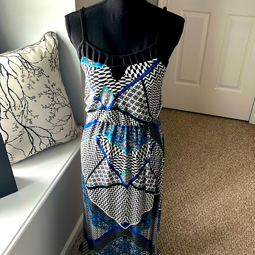 Self Esteem maxi sundress black white blues cut out neckline adjustable straps
